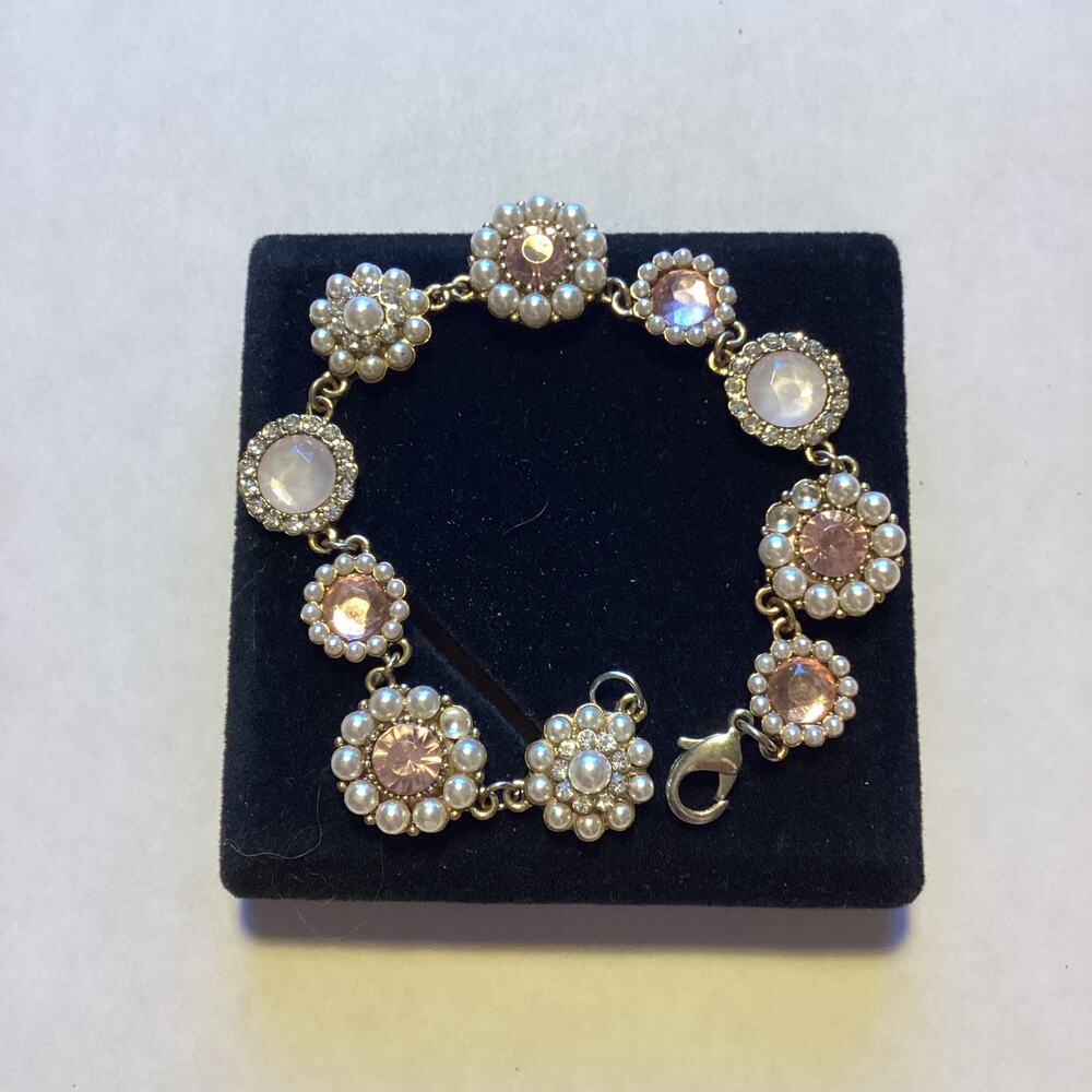 1778Colorful Diamond Pearl Rhinestone 8" Bracelet w/Lobster Claw White and Pink